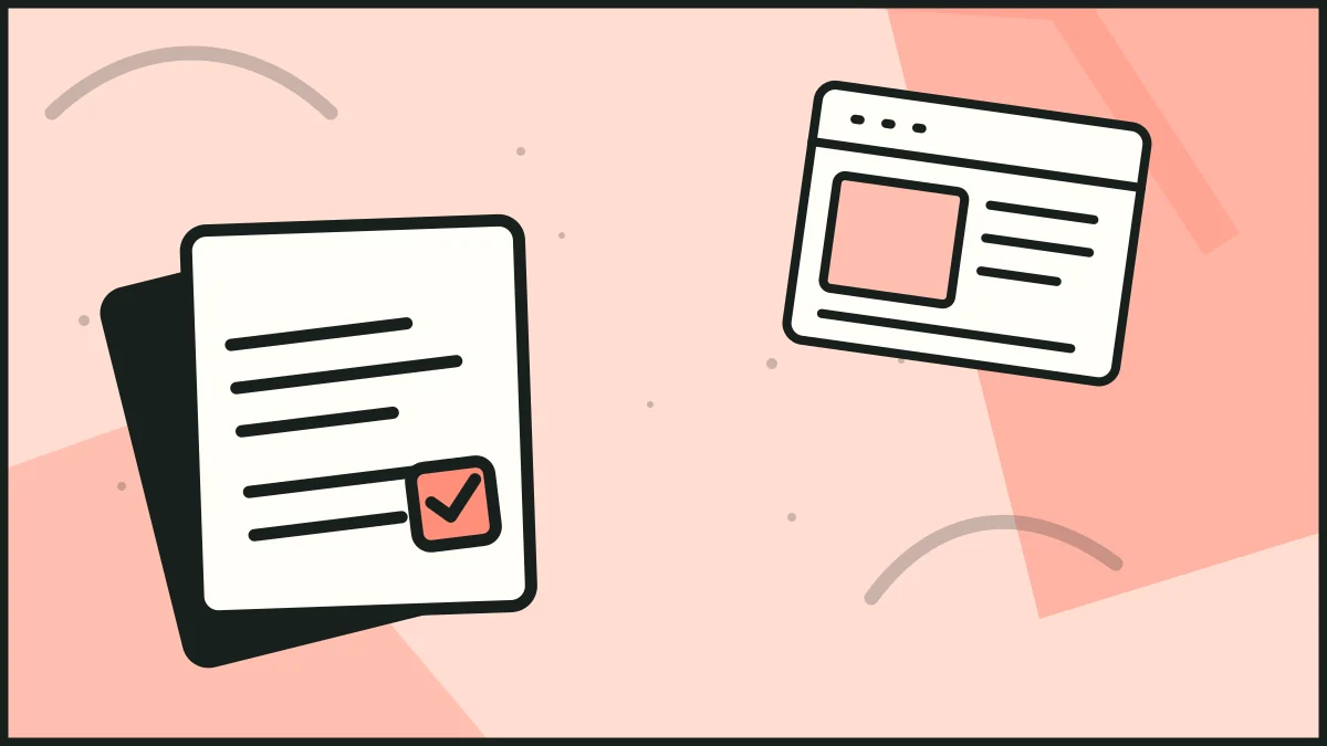 Checked proposal sheets beside a browser page, illustrating homepage assessment.
